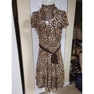 Leopard Print Keyhole Neck Puff Sleeve Belted A-Line Dress BOHO Brown/Tan Size M